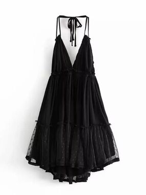 Women's Black Backless Halter V-Neck Tiered Midi Dress